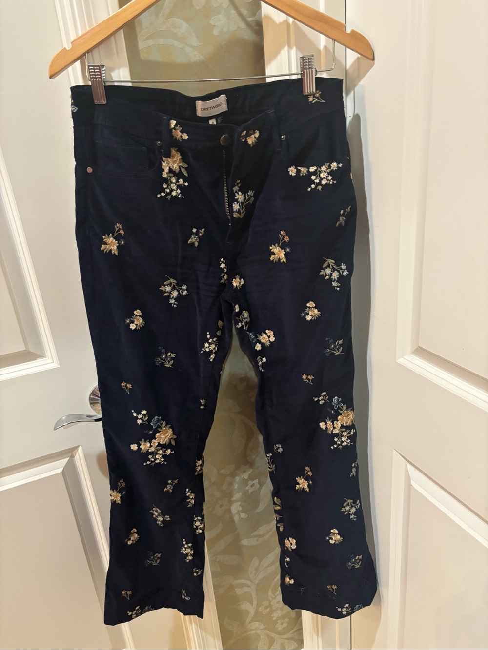 DRIFTWOOD Navy Pants with Subtle Floral Embroidery